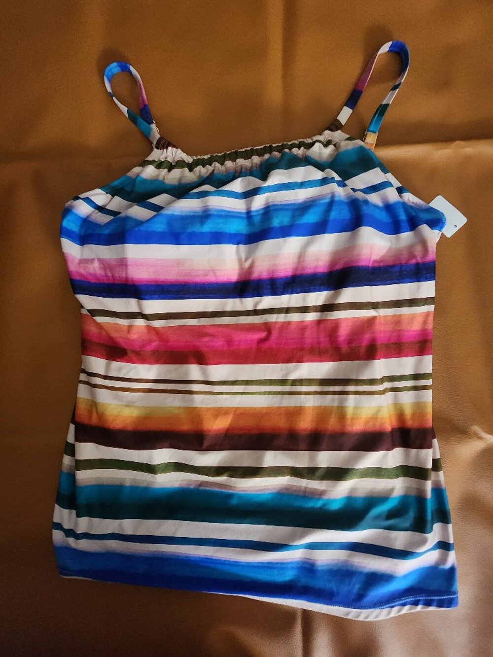 KIM RODGERS - TANKINI - MULTICOLORED STRIPED PATTERN - BLACK TRIM - 22W